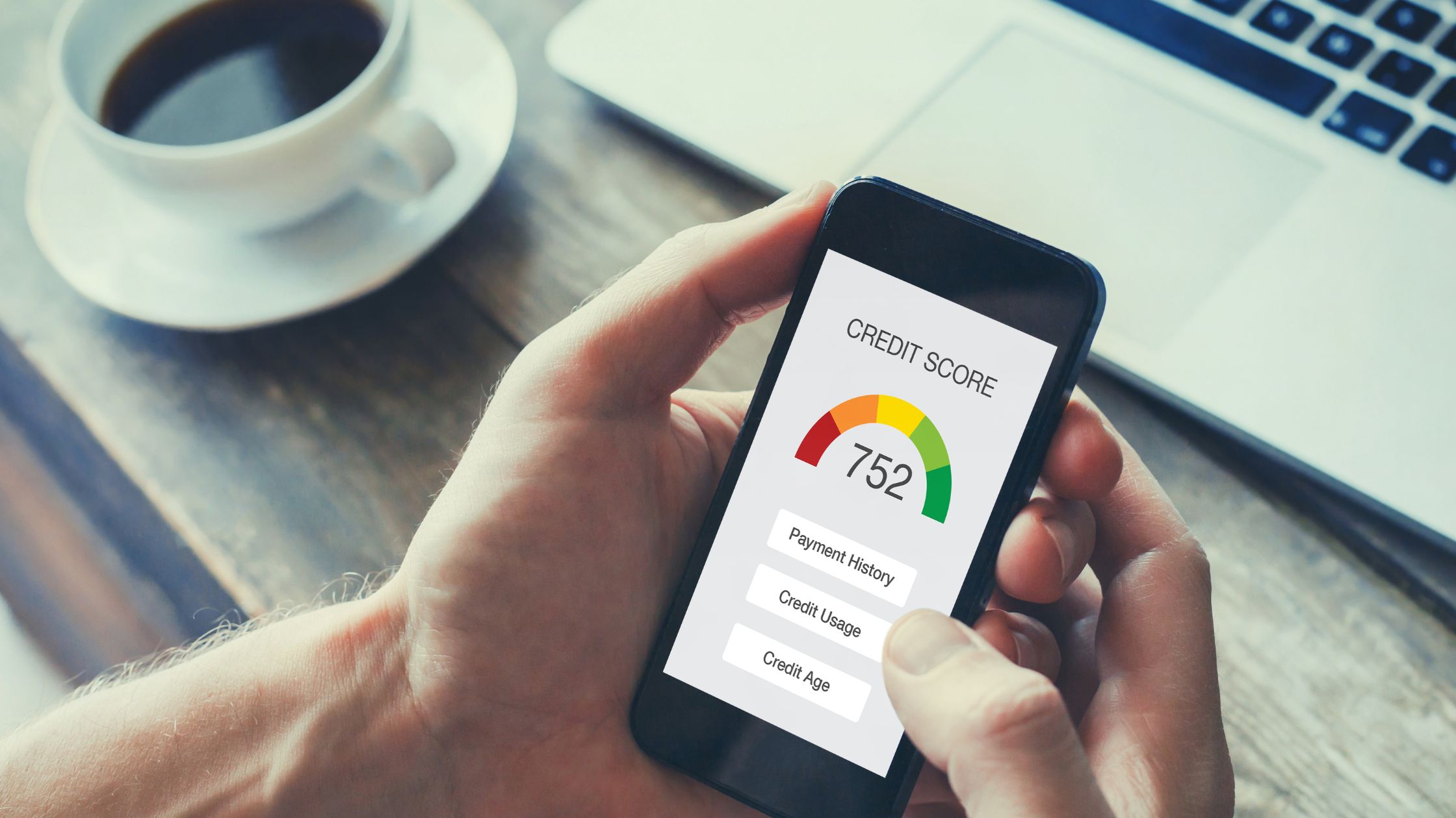 A hand holding a mobile phone displaying a credit score
